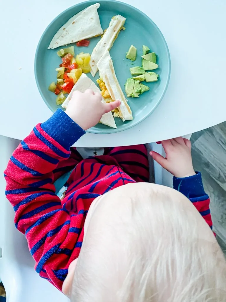 photo of a toddler in a high chair eating a quesadilla, avocado and tomatoes