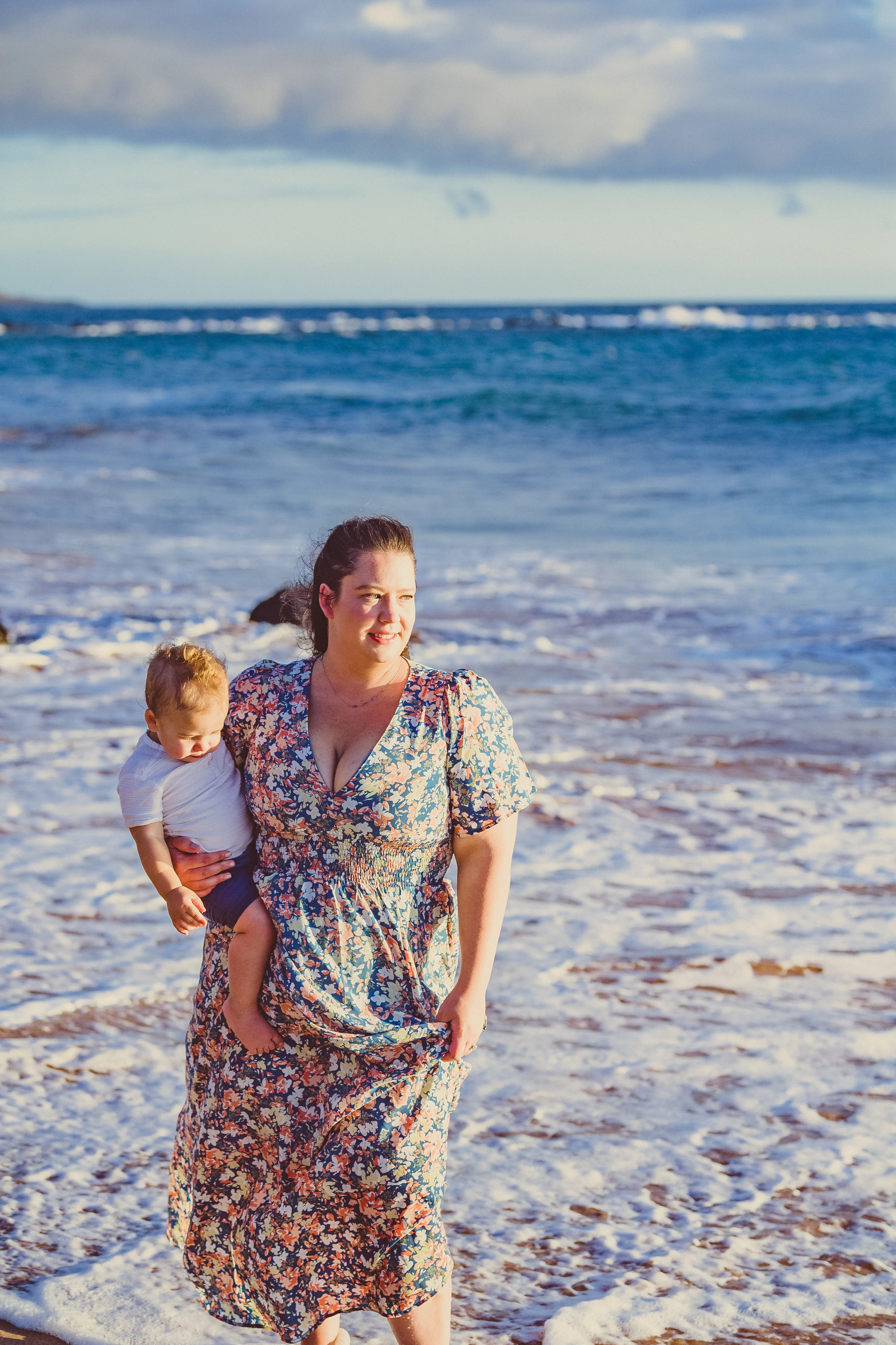mom and toddler on beach in maui